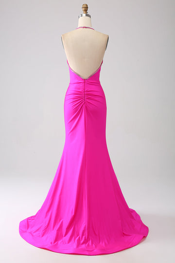 Fucsia Mermaid Halter Neck Backless Abito Lungo Prom